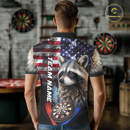 Smoke American Flag Raccoon Darts Polo, 1/4 Zip Shirts For Men Custom Patriotic Darts Team Jersey TDM7261