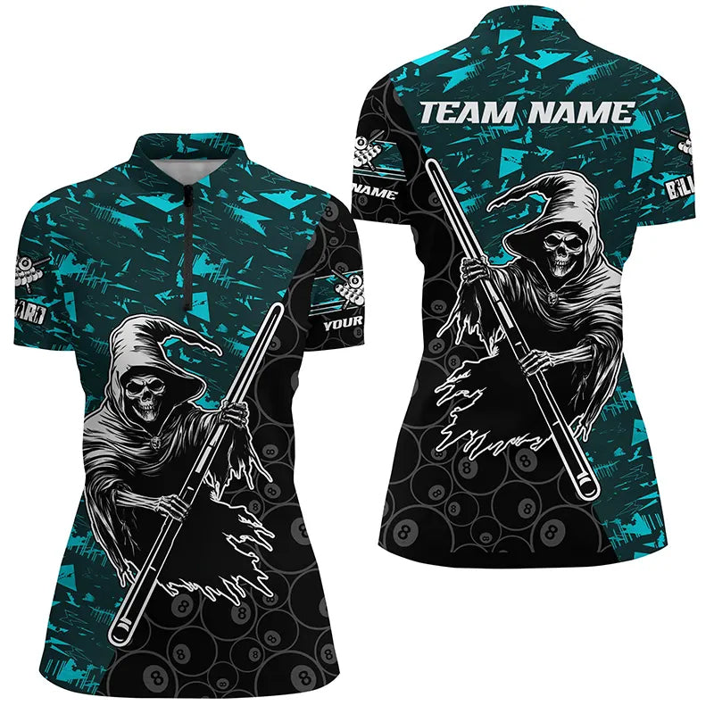 Personalized Cyan Abstract Grim Reaper Women Billiard Shirts, Halloween  Billiard Jerseys TDM2760