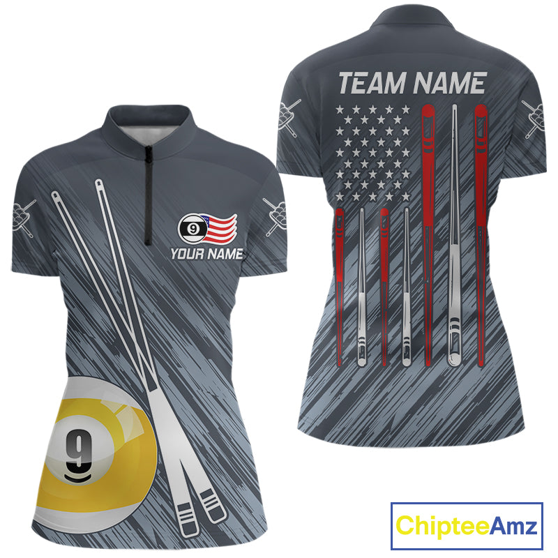 Personalized Billiard US Flag 9 Ball Pool Shirt For Women, Billiard Team Jersey Polo & 1/4 Zip TDM5218