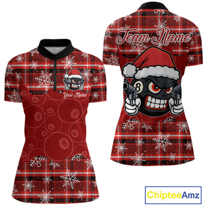 Funny Santa 8 Ball Pool Women's Billiard Shirt Custom Red Plaid Snowflake Christmas Billiard Jersey TDM5223
