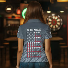 Load image into Gallery viewer, American Flag Grey Grunge Darts Polo &amp; Quarter Zip Custom Dart Shirts For Women Patriotic Dart Jersey TDM3587