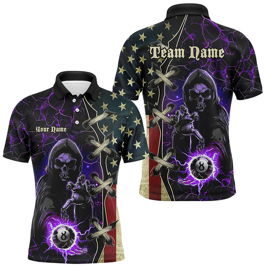 Purple Grim Reaper Lightning US Flag Billiard Shirts For Men, Patriotic Team League Pool Jerseys TDM1836