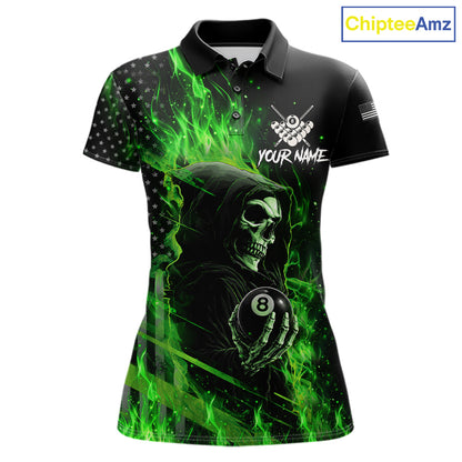Green Flaming Grim Reaper US Flag 8 Ball Billiard Polo Shirt Featuring a Patriotic Custom Design for Women's Pool League Players and Tournament Events