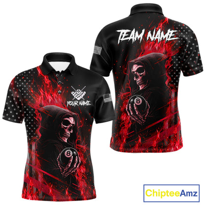 Custom Red Flaming Grim Reaper US Flag 8 Ball Pool Polo Shirt Created for Personalized Billiard League Jerseys and Competitive Team Play