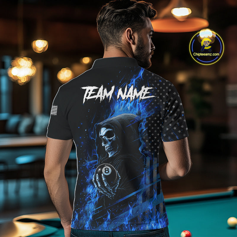 Man Wearing Blue Flaming Grim Reaper US Flag 8 Ball Custom Pool Team Jersey Displaying the Complete Rear Artwork, Back View