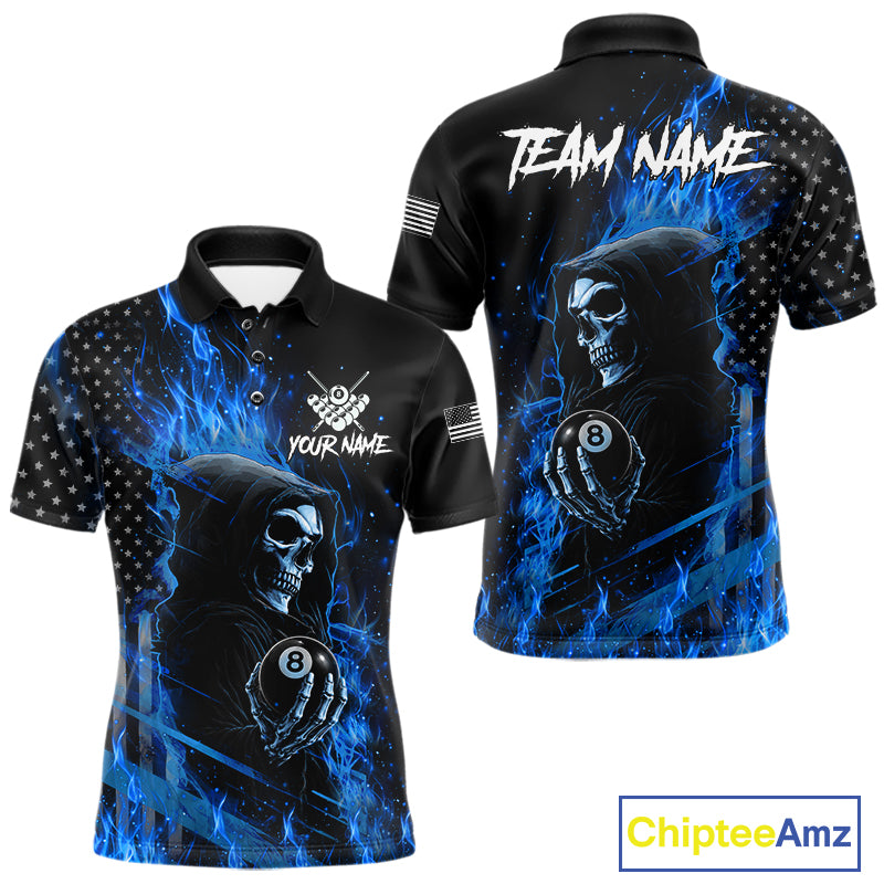Custom Blue Flaming Grim Reaper US Flag 8 Ball Pool Polo Shirt Designed for Personalized Billiard Team Jerseys and League Tournaments
