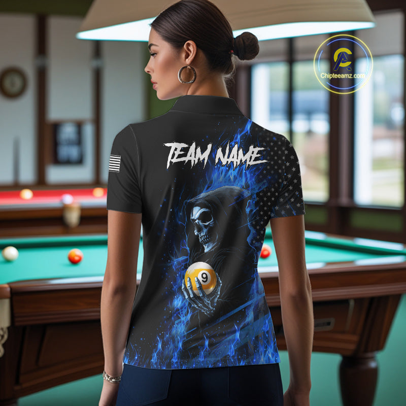 Woman Wearing Blue Flame 8 Ball and 9 Ball Grim Reaper US Flag Custom Pool Team Jersey Featuring the Complete Rear Graphic Design, Back View