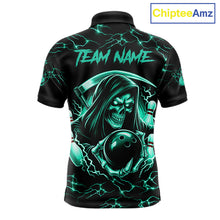 Load image into Gallery viewer, Custom Turquoise Grim Reaper Lightning Bowling Shirt For Men, Bowling Jersey Team Polo &amp; 1/4 Zip TDM5951