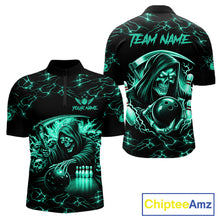 Load image into Gallery viewer, Custom Turquoise Grim Reaper Lightning Bowling Shirt For Men, Bowling Jersey Team Polo &amp; 1/4 Zip TDM5951