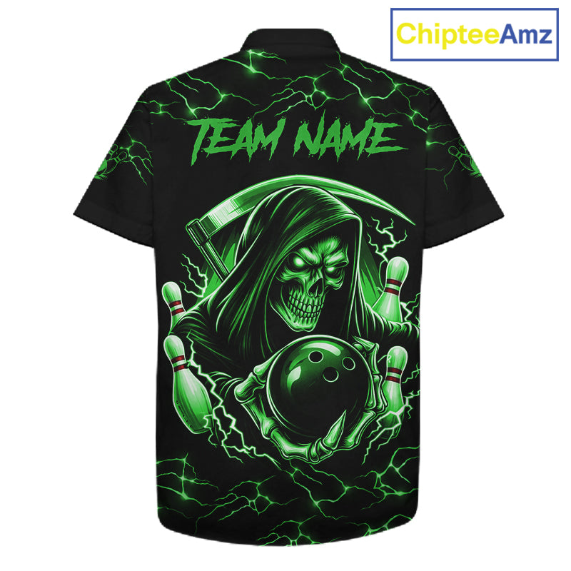 Green Grim Reaper Lightning Hawaiian Bowling Shirt For Men Women, Skull Bowling Team Jersey TDM5952
