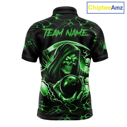 Custom Green Grim Reaper Lightning Bowling Shirt For Men, Skull Bowling Jersey Team Polo & 1/4 Zip TDM5952