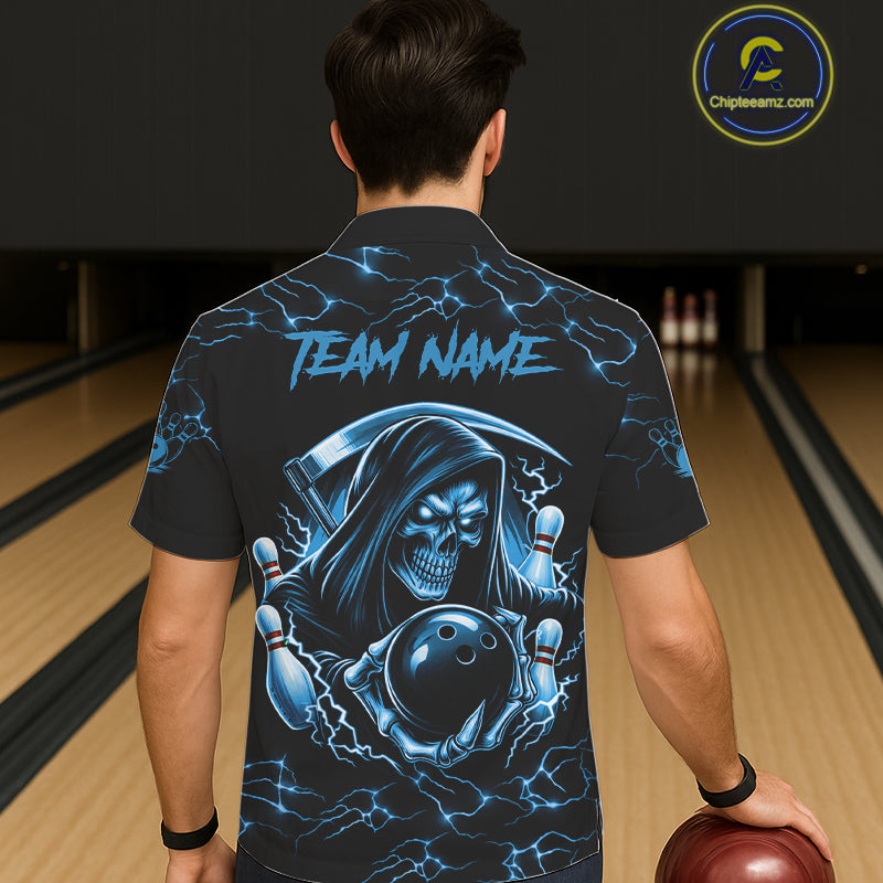 Custom Blue Grim Reaper Lightning Bowling Shirt For Men, Skull Bowling Jersey Team Polo & 1/4 Zip TDM5953