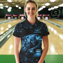 Load image into Gallery viewer, Custom Blue Grim Reaper Lightning Bowling Shirt For Women, Skull Bowling Jersey Team Polo &amp; 1/4 Zip TDM5953