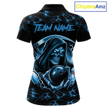 Load image into Gallery viewer, Custom Blue Grim Reaper Lightning Bowling Shirt For Women, Skull Bowling Jersey Team Polo &amp; 1/4 Zip TDM5953