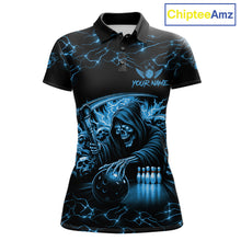 Load image into Gallery viewer, Custom Blue Grim Reaper Lightning Bowling Shirt For Women, Skull Bowling Jersey Team Polo &amp; 1/4 Zip TDM5953