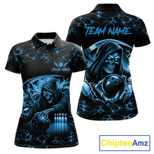 Load image into Gallery viewer, Custom Blue Grim Reaper Lightning Bowling Shirt For Women, Skull Bowling Jersey Team Polo &amp; 1/4 Zip TDM5953
