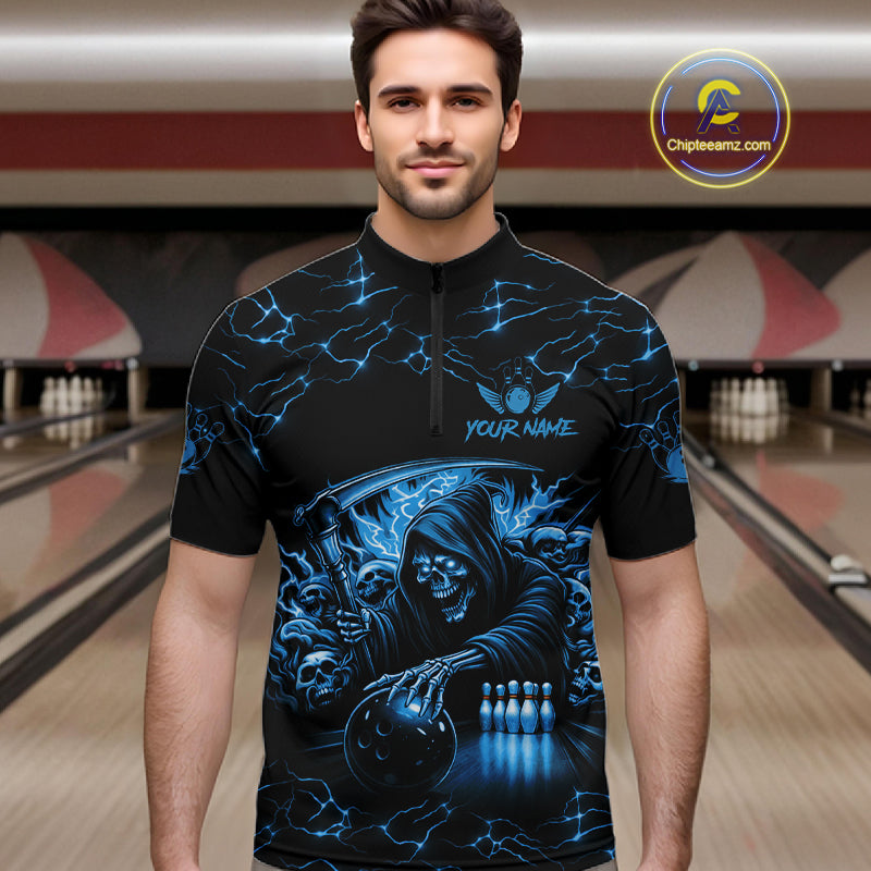 Custom Blue Grim Reaper Lightning Bowling Shirt For Men, Skull Bowling Jersey Team Polo & 1/4 Zip TDM5953
