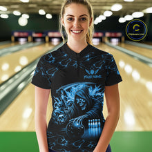 Load image into Gallery viewer, Custom Blue Grim Reaper Lightning Bowling Shirt For Women, Skull Bowling Jersey Team Polo &amp; 1/4 Zip TDM5953
