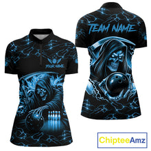 Load image into Gallery viewer, Custom Blue Grim Reaper Lightning Bowling Shirt For Women, Skull Bowling Jersey Team Polo &amp; 1/4 Zip TDM5953