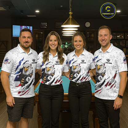 White Grunge US Flag Eagle Billiard Shirt For Men Custom 8 Ball Pool Team Jersey Polo & 1/4 Zip TDM5956