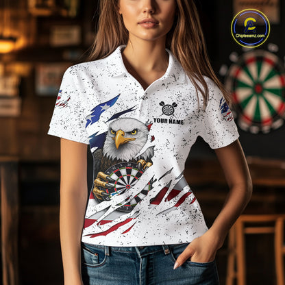 Custom Eagle Darts Jersey For Women, Grunge American Flag Patriotic Darts Team Shirt Polo & 1/4 Zip TDM5959