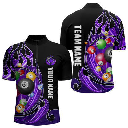 3D Billiard Balls Fire Flame Custom Pool Shirts For Men, Billiard League Team Jerseys | Purple TDM3753
