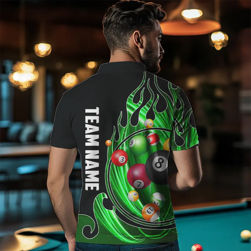 3D Billiard Balls Fire Flame Custom Pool Shirts For Men, Billiard League Team Jerseys | Green TDM3754