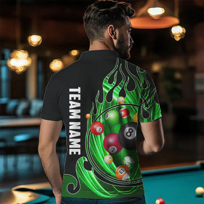 3D Billiard Balls Fire Flame Custom Pool Shirts For Men, Billiard League Team Jerseys | Green TDM3754