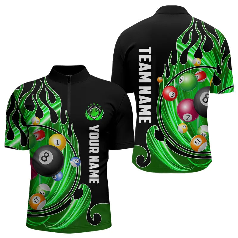 3D Billiard Balls Fire Flame Custom Pool Shirts For Men, Billiard League Team Jerseys | Green TDM3754