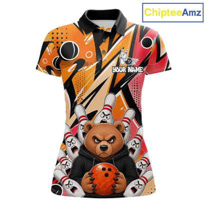 Personalized Funny Bear Graffiti Bowling Jersey For Women, Custom Bowling Team Shirts Polo & 1/4 Zip TDM6548