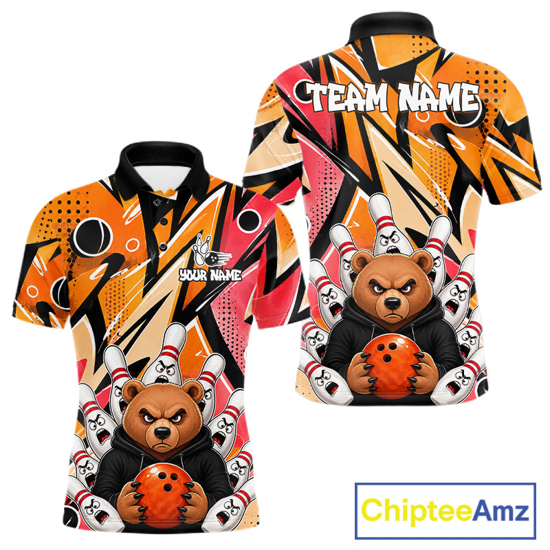 Personalized Funny Bear Graffiti Bowling Jersey For Men, Custom Bowling Team Shirts Polo & 1/4 Zip TDM6548