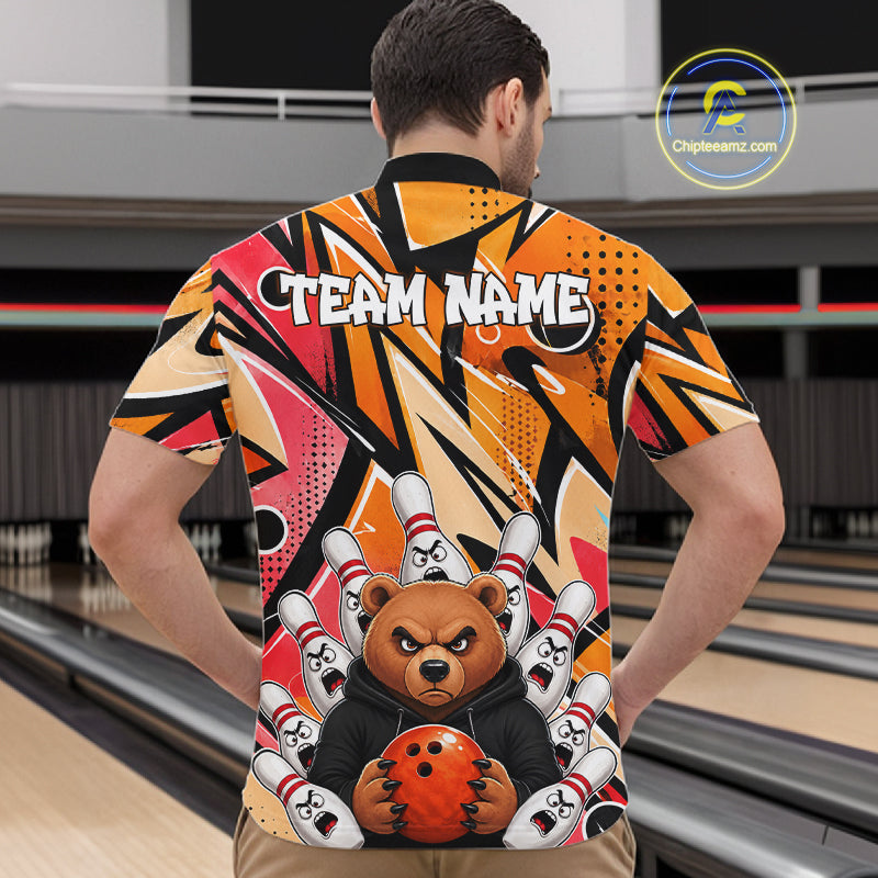 Personalized Funny Bear Graffiti Bowling Jersey For Men, Custom Bowling Team Shirts Polo & 1/4 Zip TDM6548