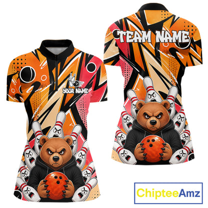 Personalized Funny Bear Graffiti Bowling Jersey For Women, Custom Bowling Team Shirts Polo & 1/4 Zip TDM6548