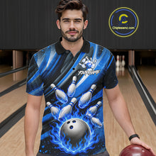 Load image into Gallery viewer, Custom Blue Flaming Silver Bowling Jersey For Men, Bowling League Team Shirts Polo &amp; Quarter Zip TDM6549