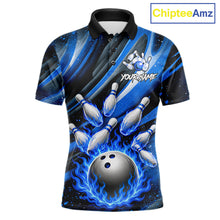 Load image into Gallery viewer, Custom Blue Flaming Silver Bowling Jersey For Men, Bowling League Team Shirts Polo &amp; Quarter Zip TDM6549