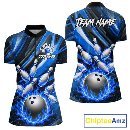 Custom Blue Flaming Silver Bowling Jersey For Women, Bowling League Team Shirts Polo & Quarter Zip TDM6549