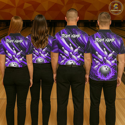 Custom Purple Flaming Silver Bowling Jersey For Men, Bowling League Team Shirts Polo & Quarter Zip TDM6550