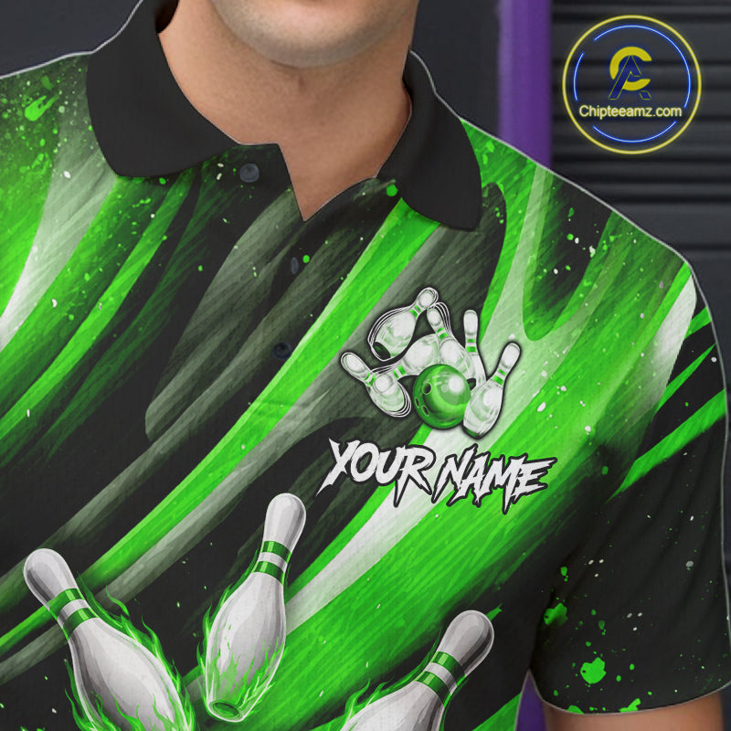 Custom Green Flaming Silver Bowling Jersey For Men, Bowling League Team Shirts Polo & Quarter Zip TDM6551