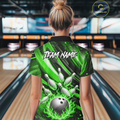 Custom Green Flaming Silver Bowling Jersey For Women, Bowling League Team Shirts Polo & Quarter Zip TDM6551