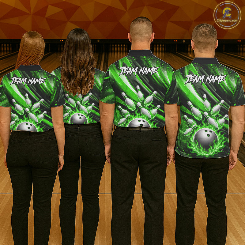 Custom Green Flaming Silver Bowling Jersey For Men, Bowling League Team Shirts Polo & Quarter Zip TDM6551