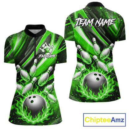 Custom Green Flaming Silver Bowling Jersey For Women, Bowling League Team Shirts Polo & Quarter Zip TDM6551