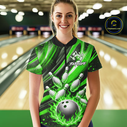 Custom Green Flaming Silver Bowling Jersey For Women, Bowling League Team Shirts Polo & Quarter Zip TDM6551