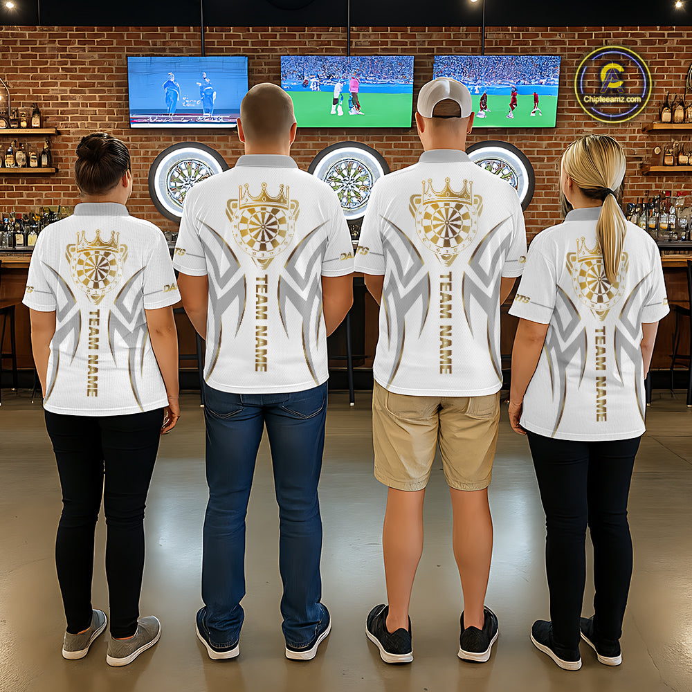 Back view of darts players wearing matching white and gold dartboard crown darts shirts.