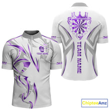 Load image into Gallery viewer, White and purple dartboard crown darts quarter zip shirt for men designed for league tournaments and team events.
