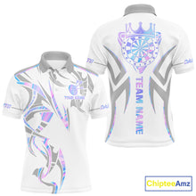 Load image into Gallery viewer, White and holographic dartboard crown darts polo shirt for men with custom darts team graphics.