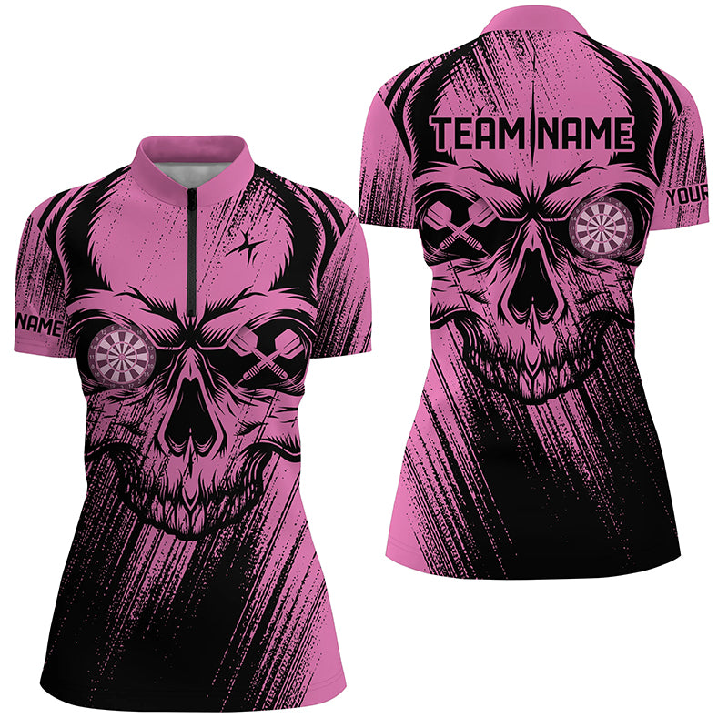 Personalized Pink Grunge Skull Darts Polo & Quarter-Zip Shirt For Women Custom Cool Darts Team Jersey TDM2531