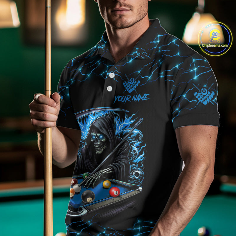 Blue Funny Grim Reaper 8 Ball Pool Men Billiard Shirts Custom Billiard Jersey Team Polo & 1/4 Zip TDM5240