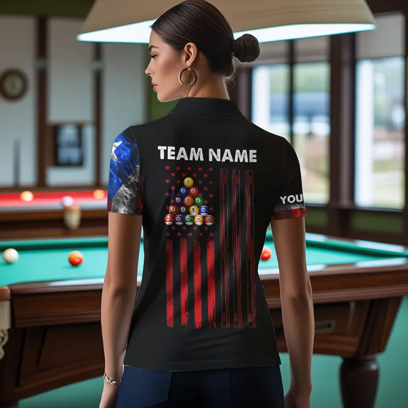 Smoke Puerto Rico US Flag Custom Billiard Shirt For Women, Patriotic 8 Ball Pool Team Jersey TDM3450