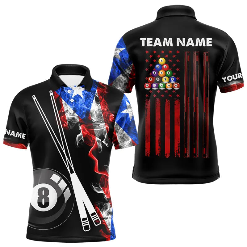 Smoke Puerto Rico US Flag Custom Billiard Shirt For Men, Patriotic 8 Ball Pool Team Jersey TDM3450