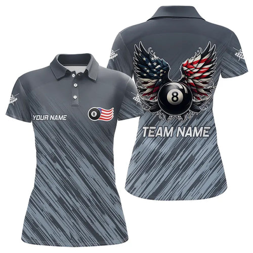 Personalized Funny 8 Ball Wings US Flag Grey Billiard Shirts For Women, Patriotic Billiard Jerseys TDM3603